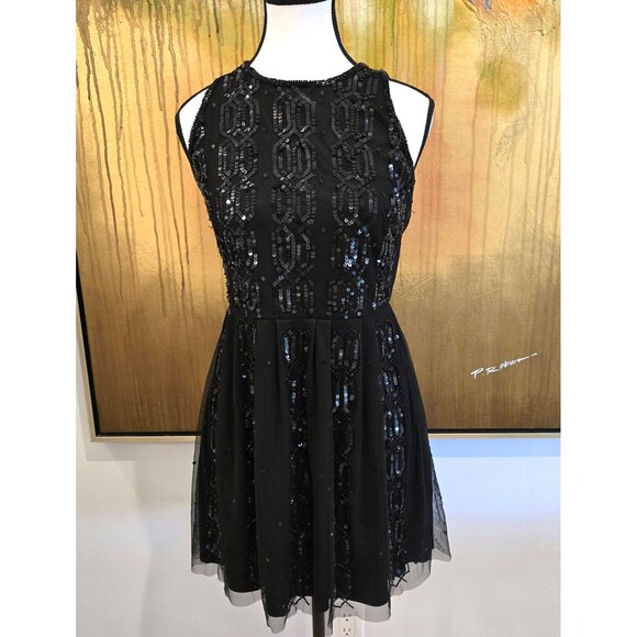 Arden B Dress Womens Medium Black Sequin Beaded Fit & Flare Cocktail Party Mini - Picture 1 of 13